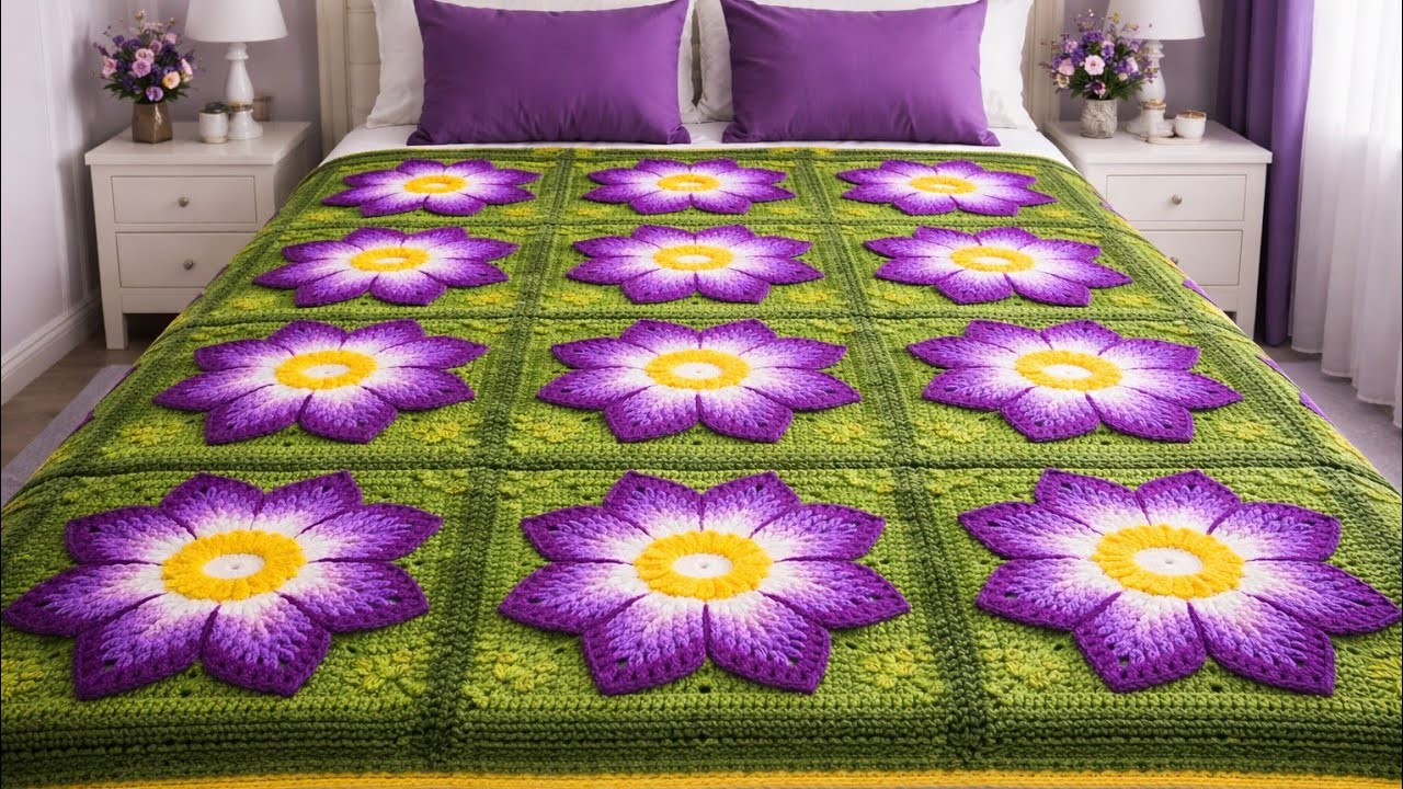 طريقة عمل بطانية كروشية فخمة بسهولة! 🌼بطانية مربعات الجدة خطوة بخطوة