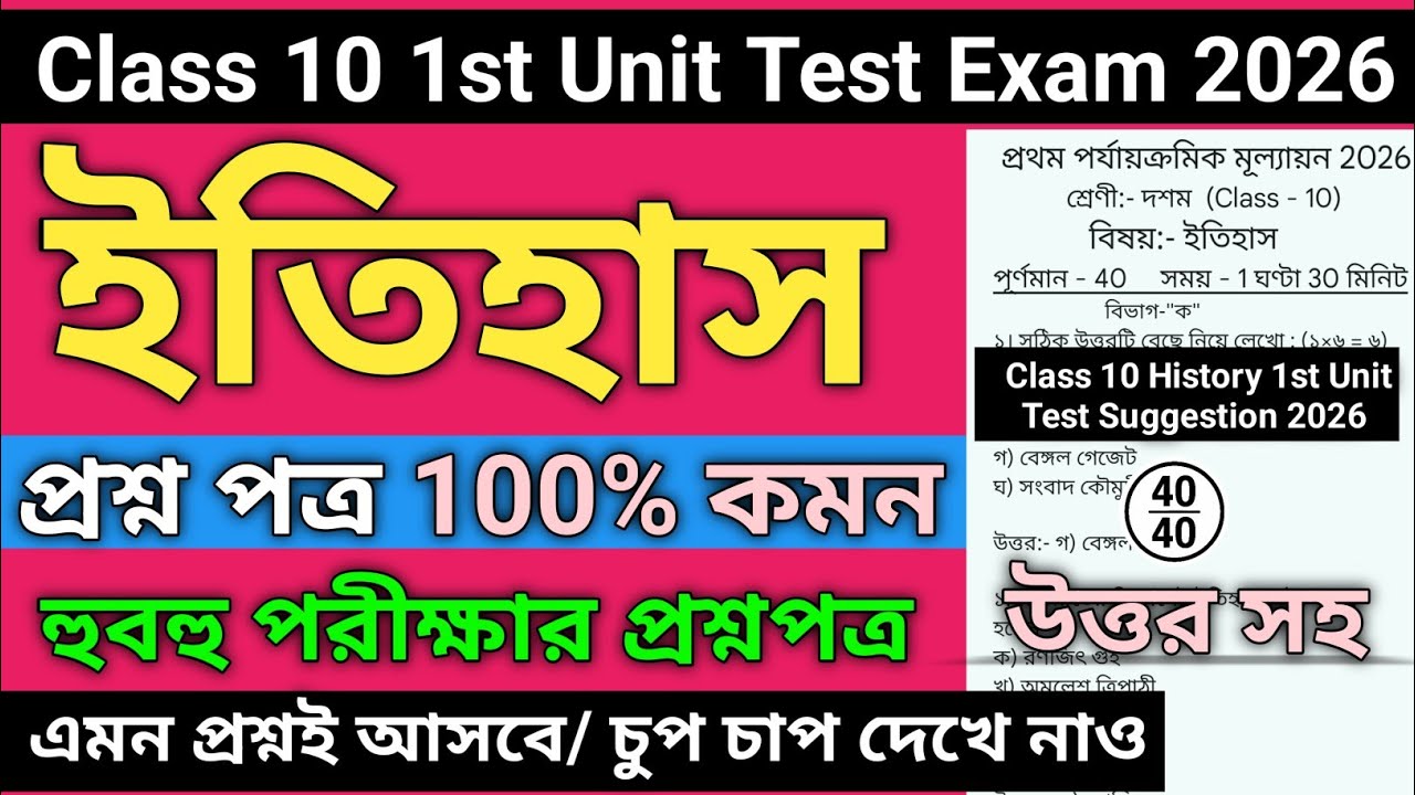 Class 10 History 1st Unit Test Question Paper 2026 | Class 10 history 1st unit test suggestion 2026