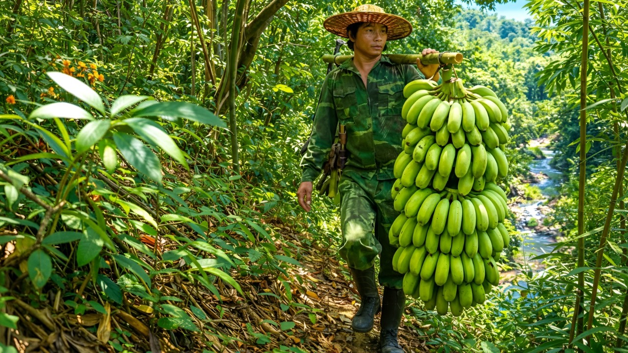 Going into the forest to harvest wild bananas - Using nets to catch stream fish, cooking outdoors