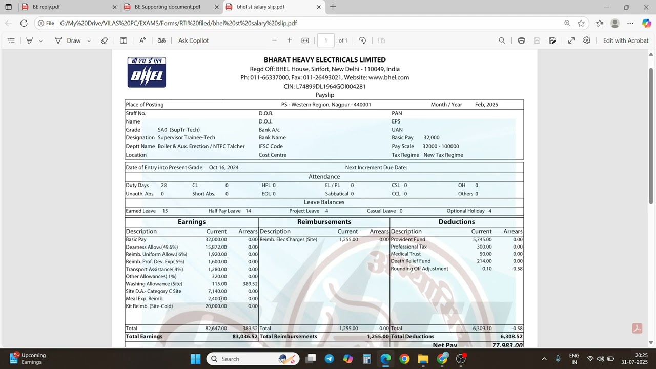 BHEL ST SALARY SLIP 2025| LATEST SALARY SLIP| STIPENDIARY TRAINEE| BHARAT HEAVY ELECTRICALS| JSC