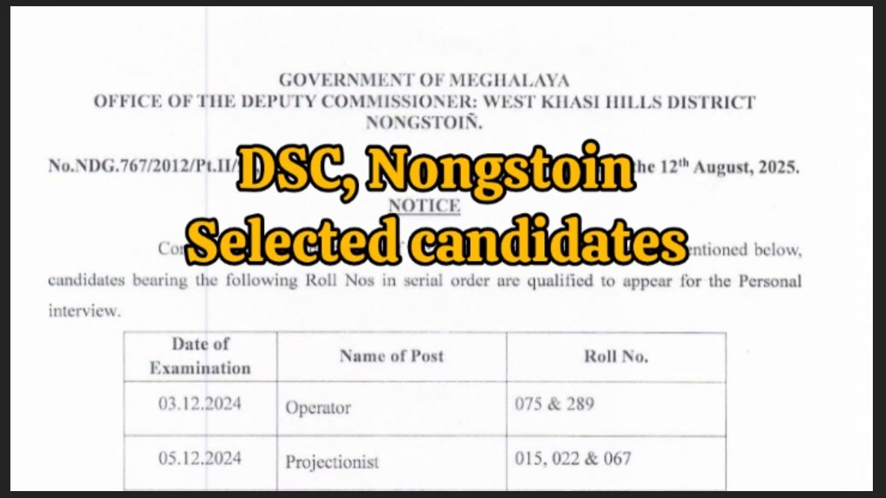  DSC Result 2025 West Khasi Hills | Qualified Candidates for Interview | Operator & Projectionist