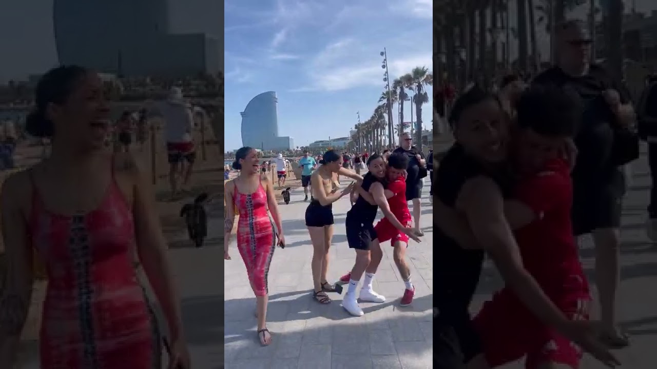 Guys do fake hug pranks on people walking by!