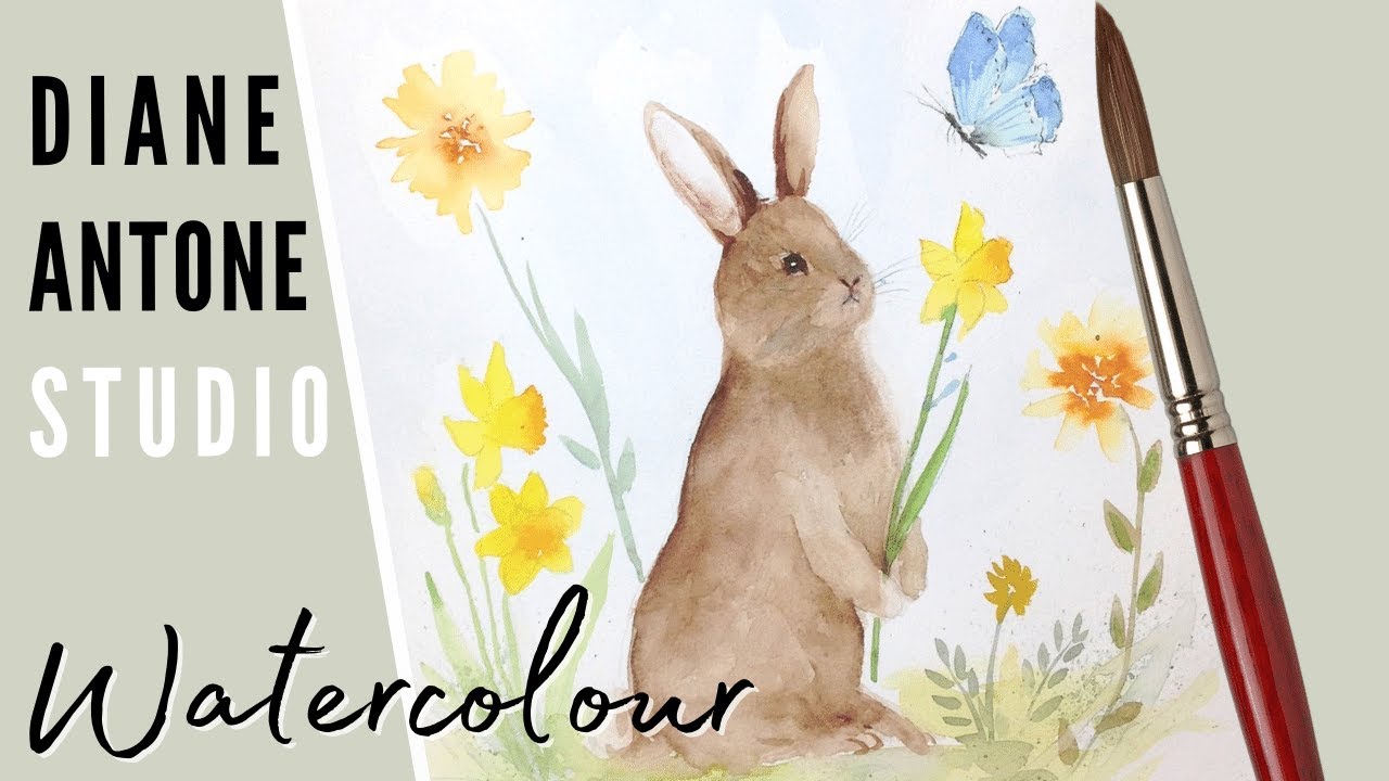 How to Paint a Watercolor Rabbit with Flowers - Easy Step by Step Real Time Tutorial for Beginners