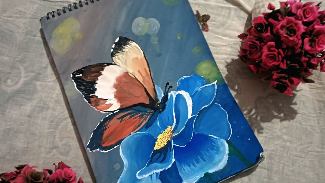 Beautiful Butterfly on blue flower painting 