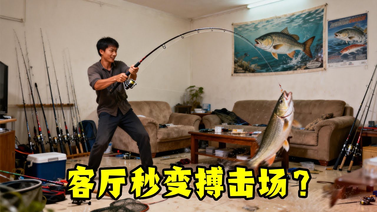 亚洲小哥钓鱼房遇巨物！鱼竿弯成满弓，客厅秒变搏斗现场！