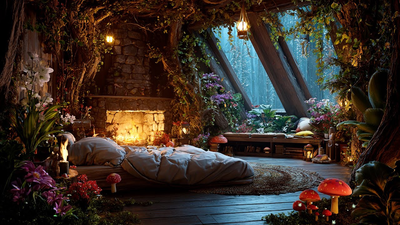 Mystical Winter Cottage Grove | Enchanted Fantasy Music, Fire Sound & Winter Forest Ambience