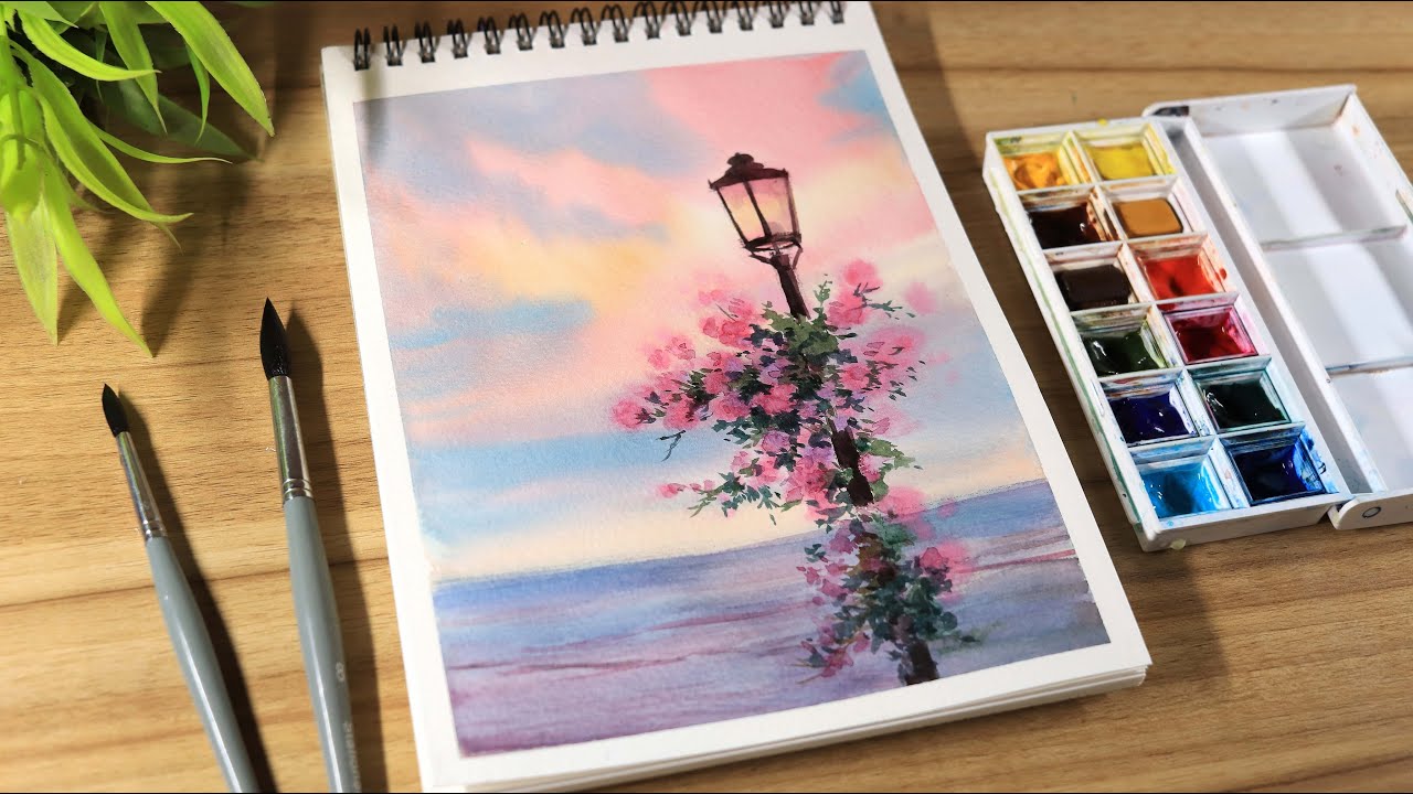 Watercolor Painting of Lamp Post with Flowers Step by Step