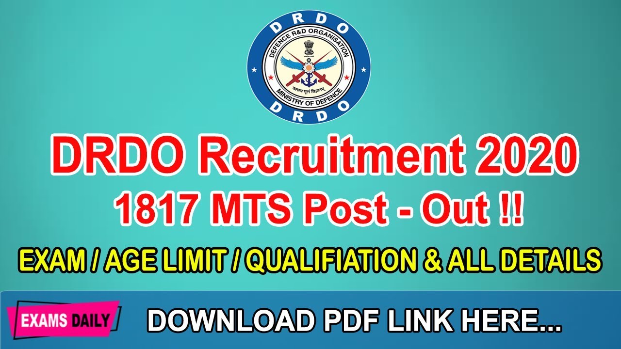 DRDO Recruitment 2020 OUT || Apply Online for 1817 MTS Post || Examsdaily