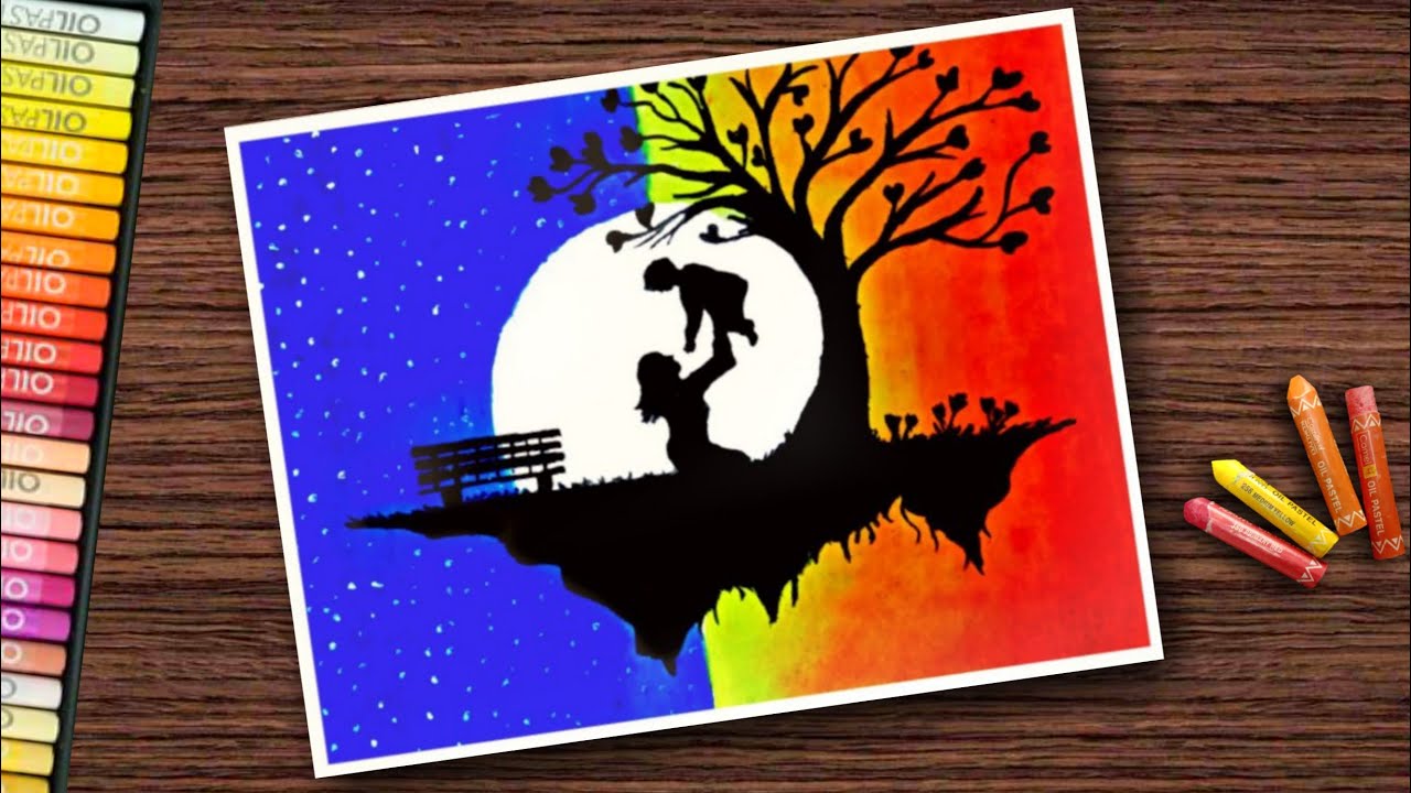 Mother's Day drawing with oil pastel for beginners /Mom & Baby love Day night scenery /step by step