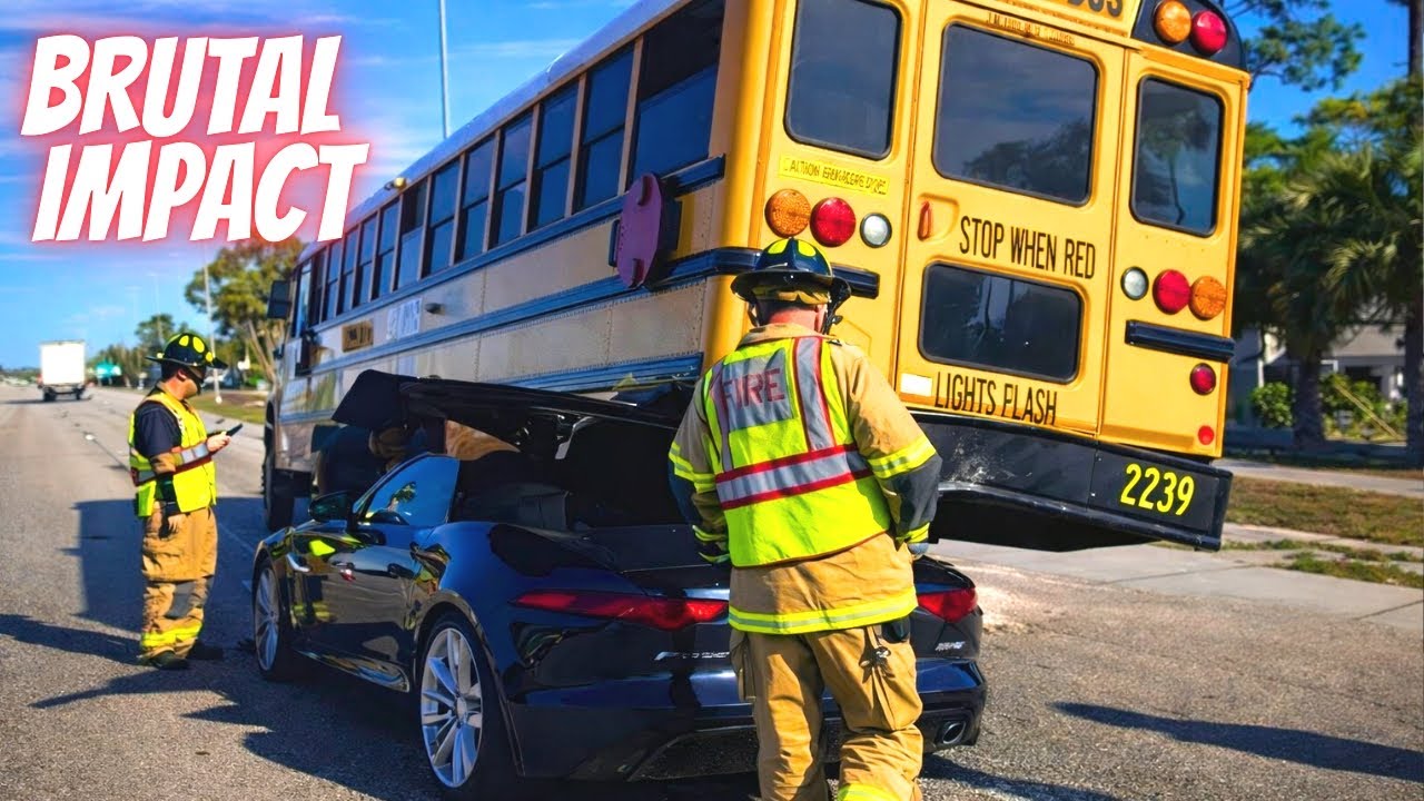 Jaguar F-Type Stuffed Under School Bus - Bad drivers & Driving fails #1492