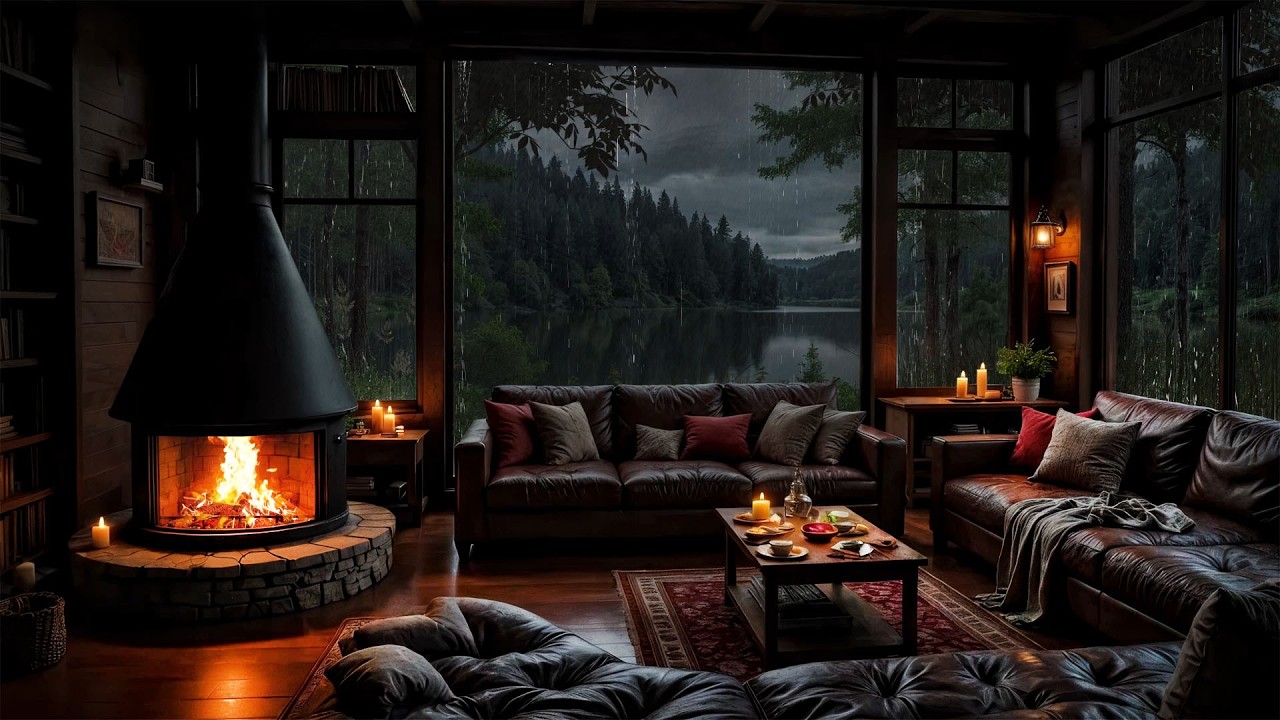 Rainy Lakeside Cabin with Crackling Fireplace 🌧🔥 No Ads Sleep Better & Deep Relaxation