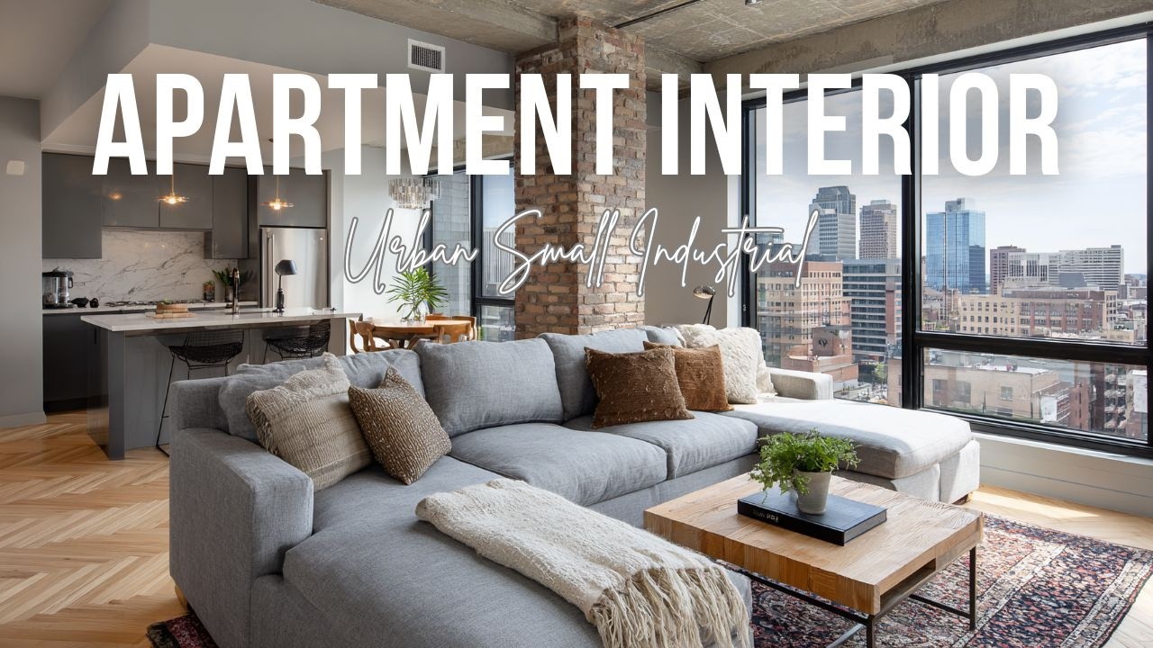 Urban Small Industrial Apartment Interior with steel gray brick and wood accents
