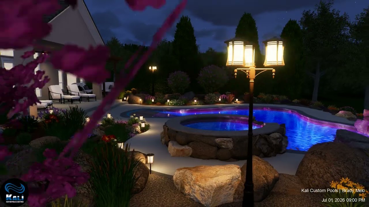 Tennison new beach entry pool with raised spa and waterfall!