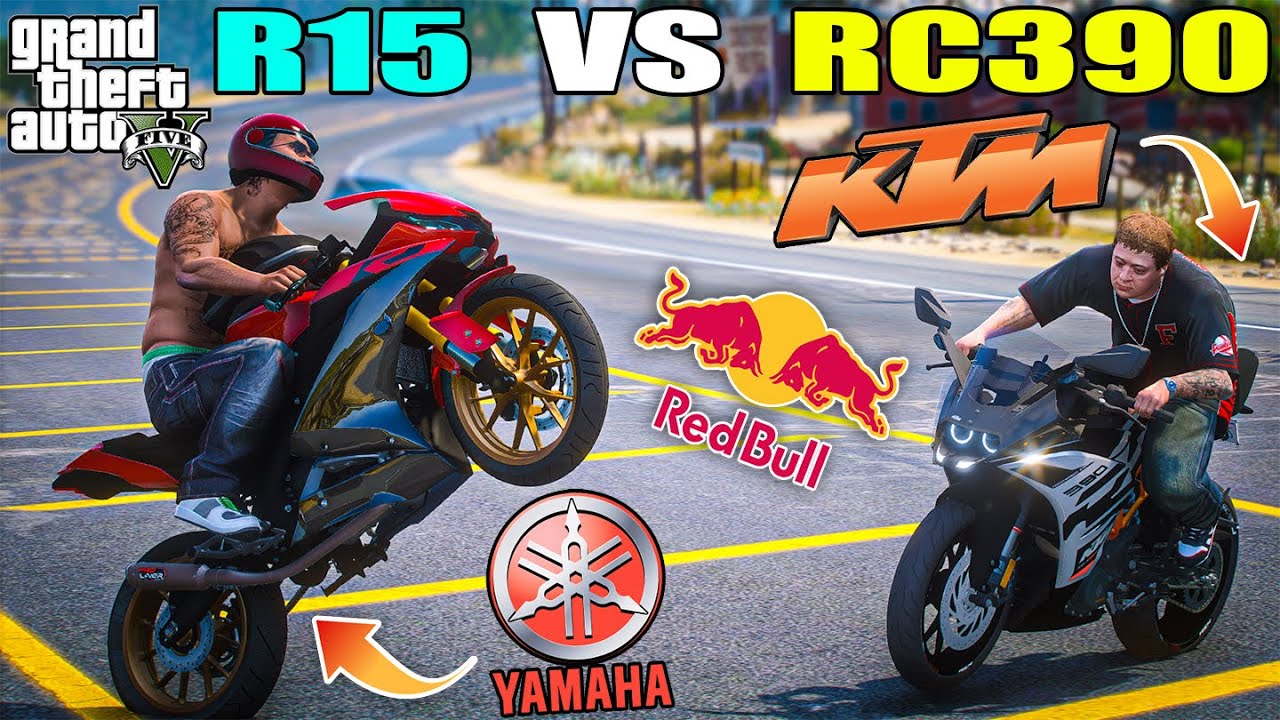 GTA 5 : YAHAMA R15 VS KTM RC 390 | RED BULL DRAG RACE ON HIGHWAY OMG!