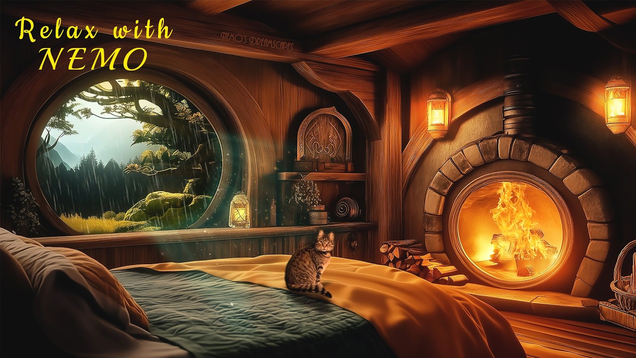 Cozy Hobbit Bedroom Ambience with Relaxing Fireplace and Soothing Rain for Sleeping and Relaxation