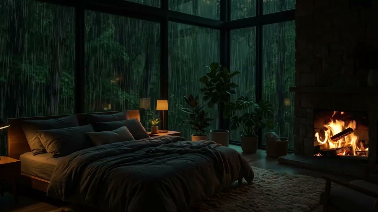 3 Hours of Cozy Thunderstorm Sounds | Rain on Glass + Fireplace Ambience