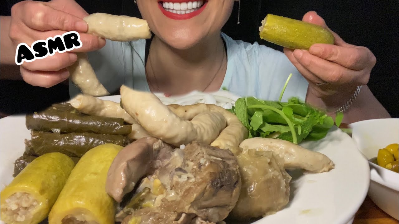 Asmr eating stuffed intestines | grape leaves | zucchini اكل محشي فوارغ وورق عنب وكوسا