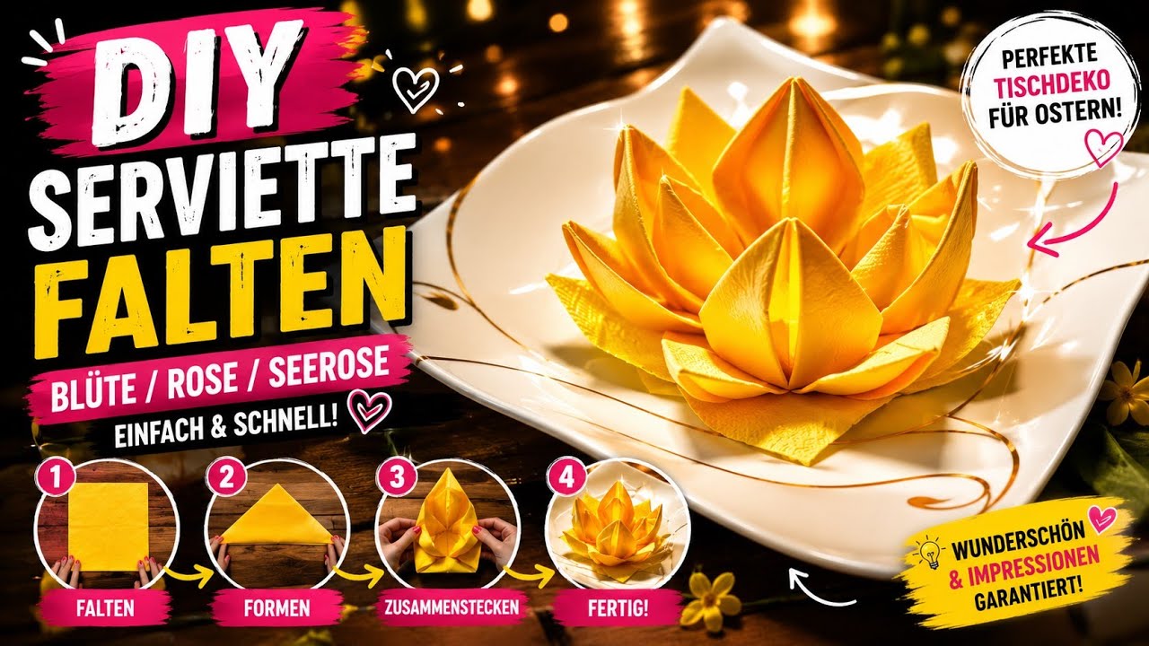 DIY ✂️ Serviette falten👌🍽️ Blüte / Rose / Seerose 🌹🐰 einfache und schnelle Tischdeko für Ostern