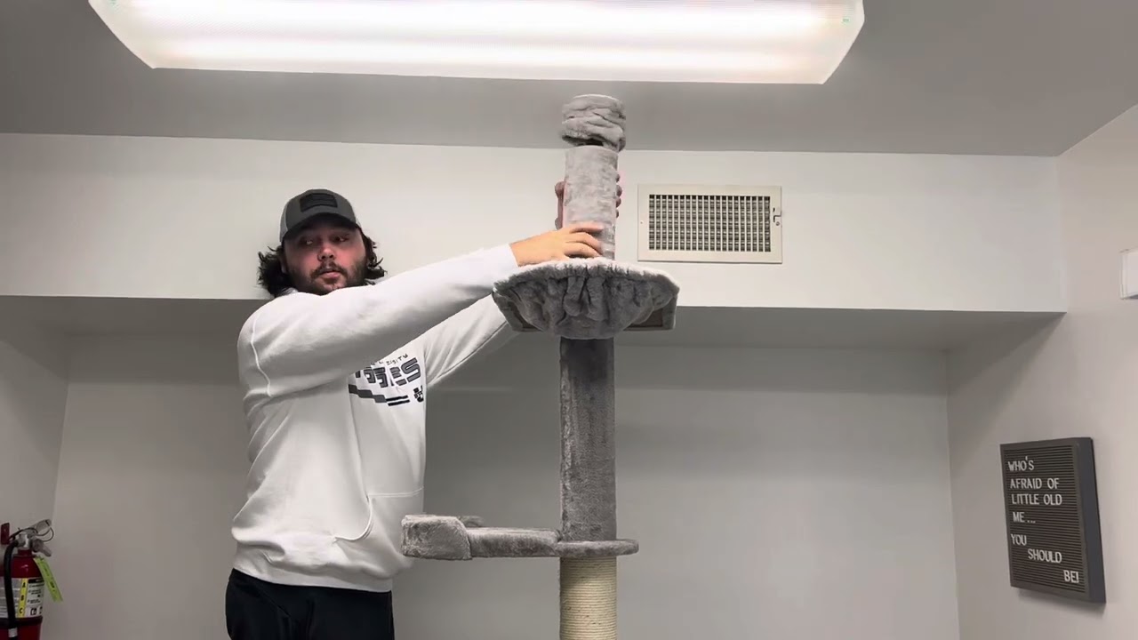 Floor to ceiling adjustable cat tree our cat loves!
