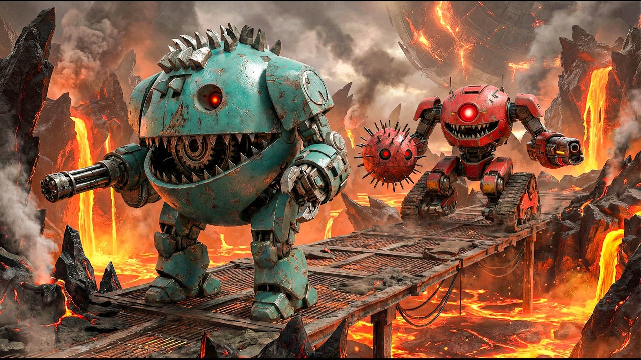 Pacman and Walking Robot Blade Storm the Abandoned Moon Labyrinth Against Lava Robot