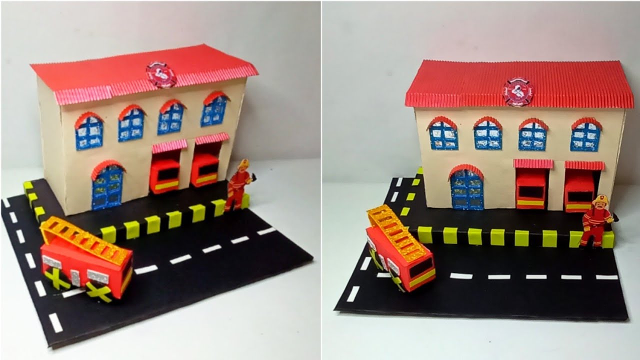 عمل مجسم المطافى مشروع مدرسى | صنع نموزج مبنى الإطفاء من الكرتون |How to make a 3D fire station