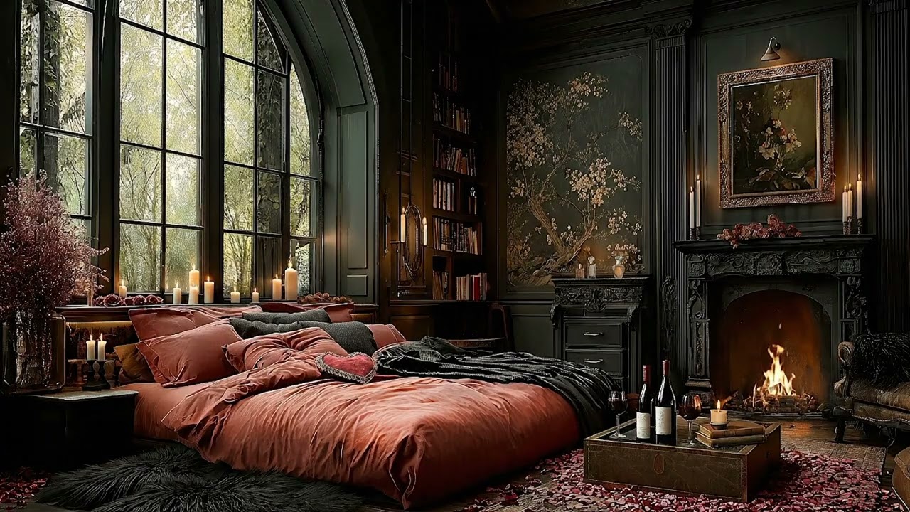 Dark Academia Bedroom ❤️ Soft Rain & Warm Firelight Ambience