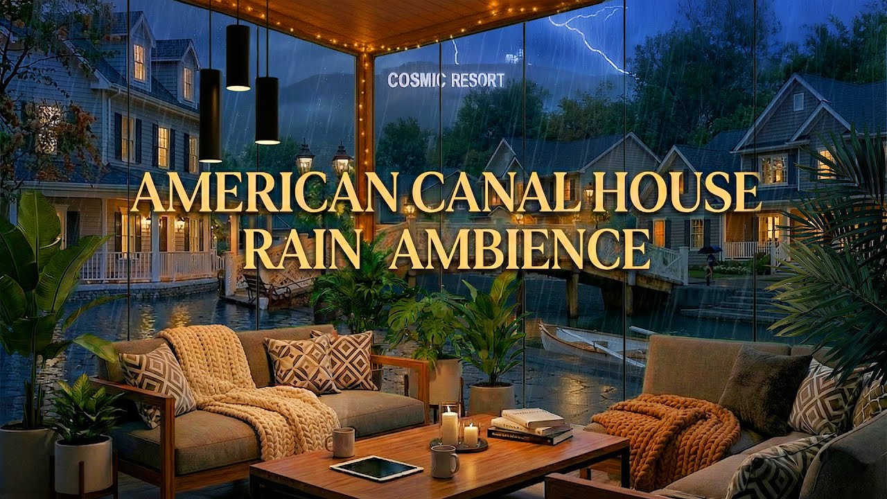 Cozy American Suburban Canal Ambience 🌧️ Rain & Thunder for Study, Focus, and Relaxation