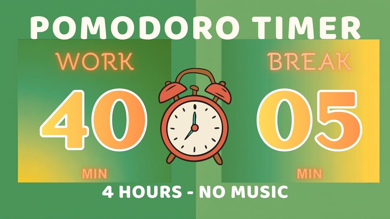 4 Hour Pomodoro (40 Min Focus • 5 Min Breaks) | Deep Work Focus Timer | NO MUSIC