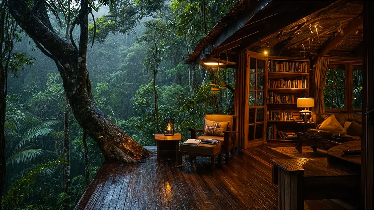 Gentle Forest 🌲 Rain in a Wooden Cabin Reading Room | Calm Rain for Sleep