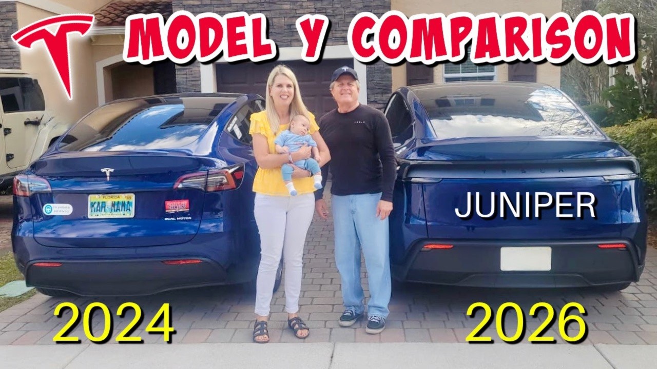 Сравнительный анализ современной Tesla Model Y 2026 года выпуска в цвете «Juniper» и более старой...