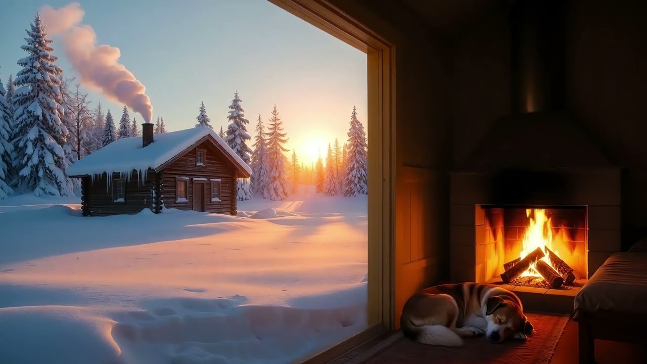 Sleeping Dog by Fireplace in a Snowy Forest | Cozy Winter Night Ambience