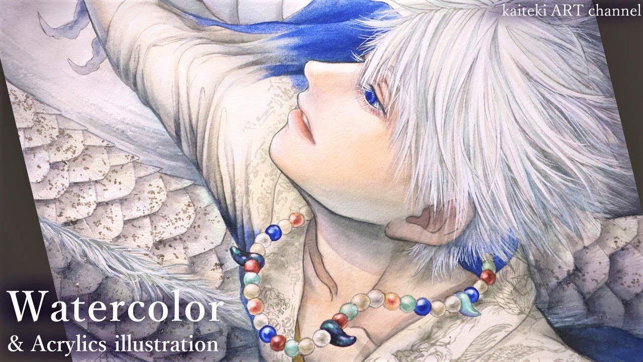 【水彩×アクリル】白すぎる紙と青すぎる青で描く🐉龍と着物男子イラスト　アクリルデネブレビュー Watercolor & Acrylic illustration Dragon & Kimono boy