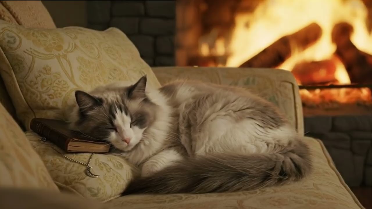 Cat Sleeping on a Book by the Fireplace | 9H 4K