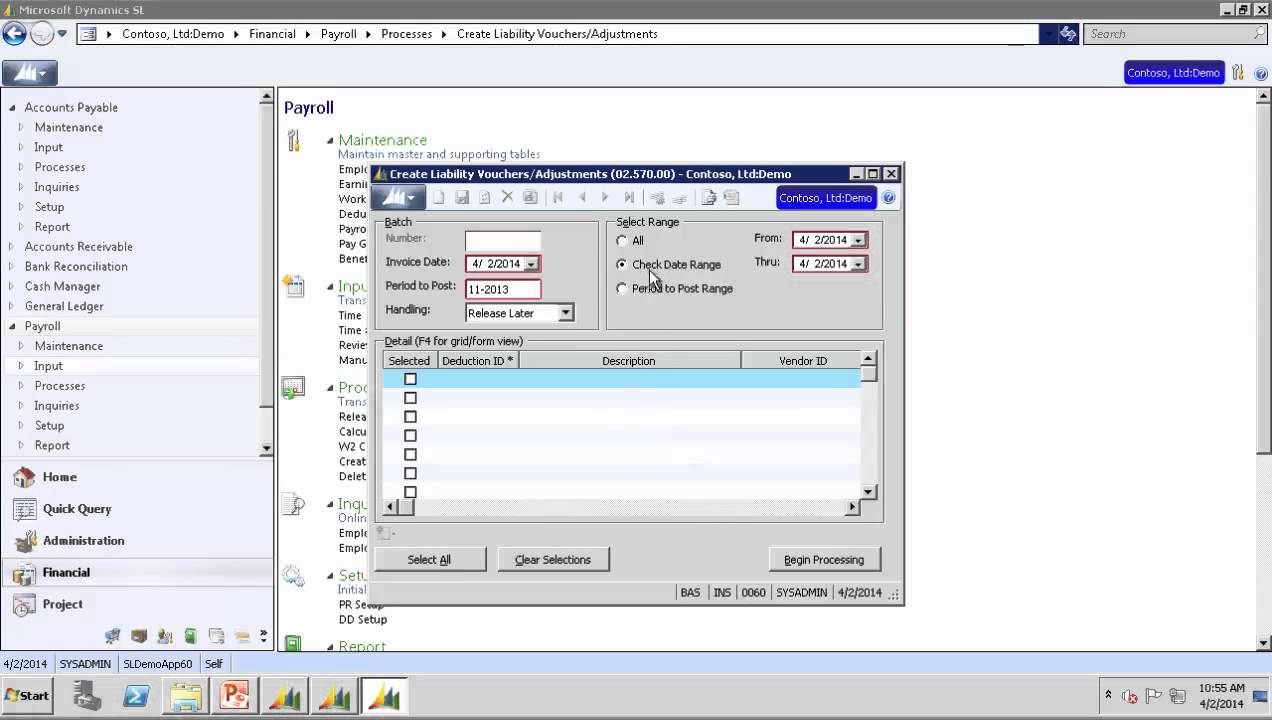 Payroll and Direct Deposit Setup Screens - Dynamics SL 2011 SP2