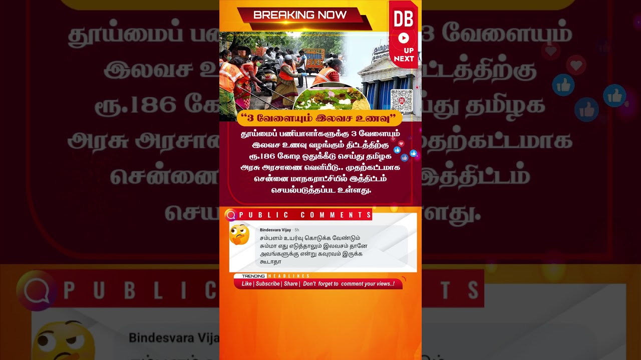 Free Meals for Sanitation Workers 🍱 | ₹186 Crore Scheme Announced by Tamil Nadu Govt