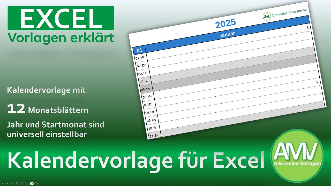Excel Kalendervorlage für 12 Monate - universell auf Kalenderjahr und Monat einstellbar