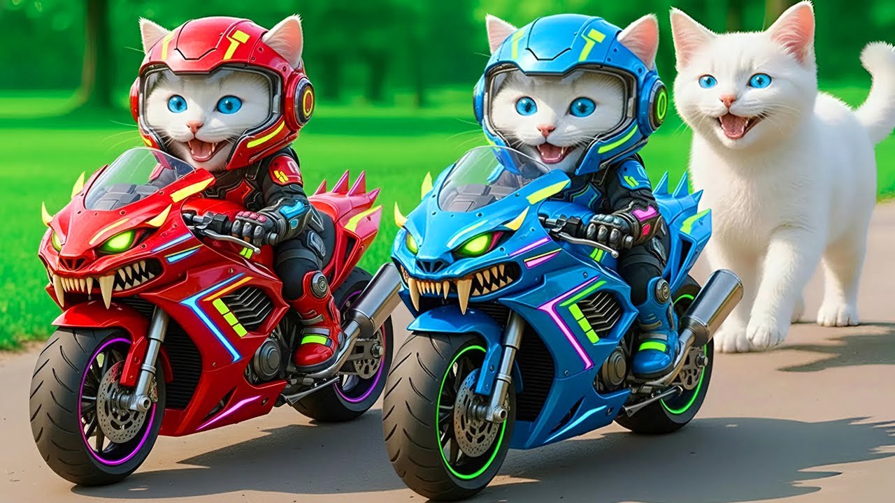 Mama Cat & Kittens Ride High-Tech Monster Bikes 🤖 to Save Panda from Evil Tiger 🐼💥🐱