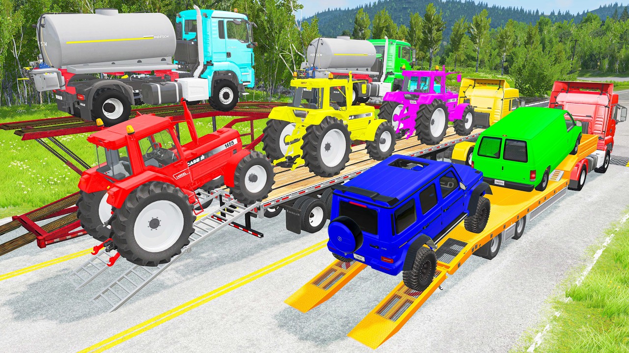 Triple Flatbed Trailer McQueen Transportation with Truck - Speedbumps vs Cars vs Train - BeamNG #5