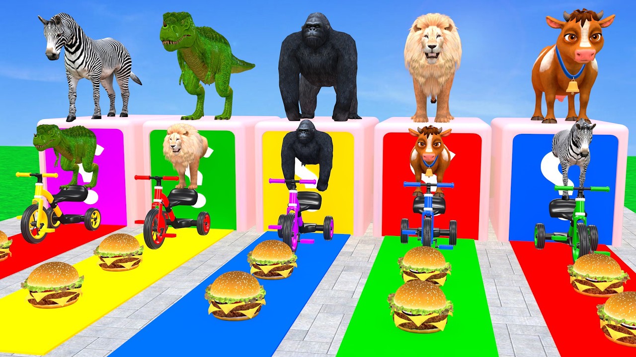 Long Slide Game With Zebra Dinosaur Gorilla Lion Cow Tiger 3d Animal Game Funny 3d Animals