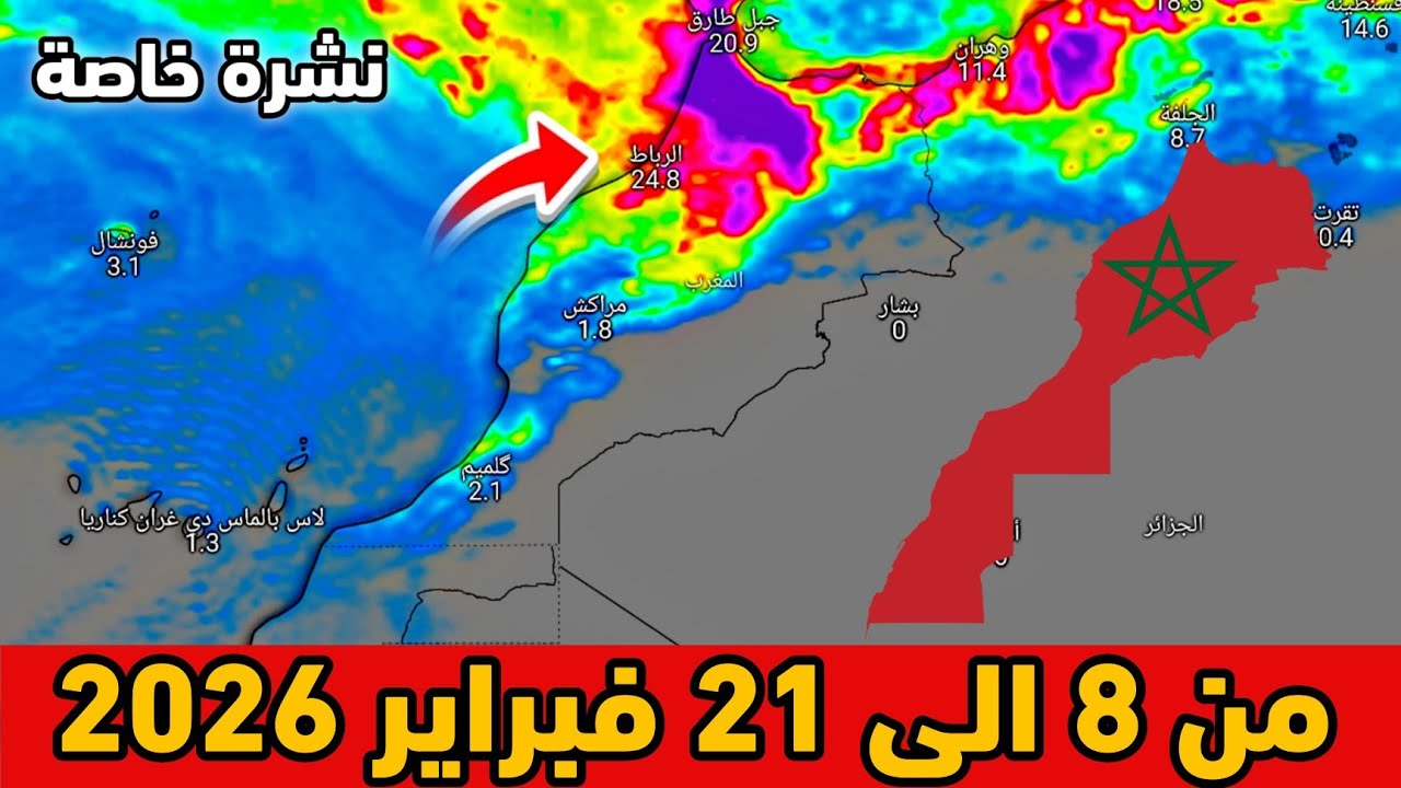 نشرة خاصة⛈️حالة الطقس بالمغرب من 8 الى 21 فبراير 2026