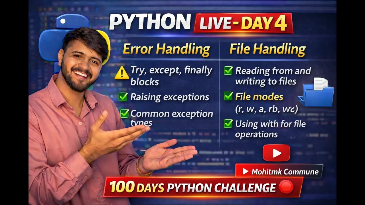 Python LIVE Day 4 🔴 | Error Handling & File Handling in Python | Try Except, File Modes | 100 Days