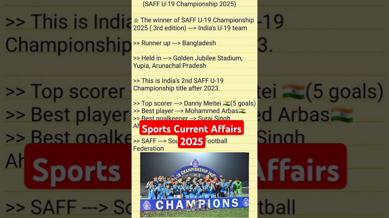 SAFF U 19 Championship 2025 | Sports Current Affairs 2025 