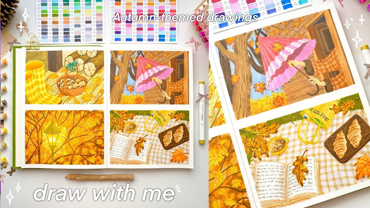 draw with me🍁Autumn-themed drawings + using ohuhu alcohol markers✨