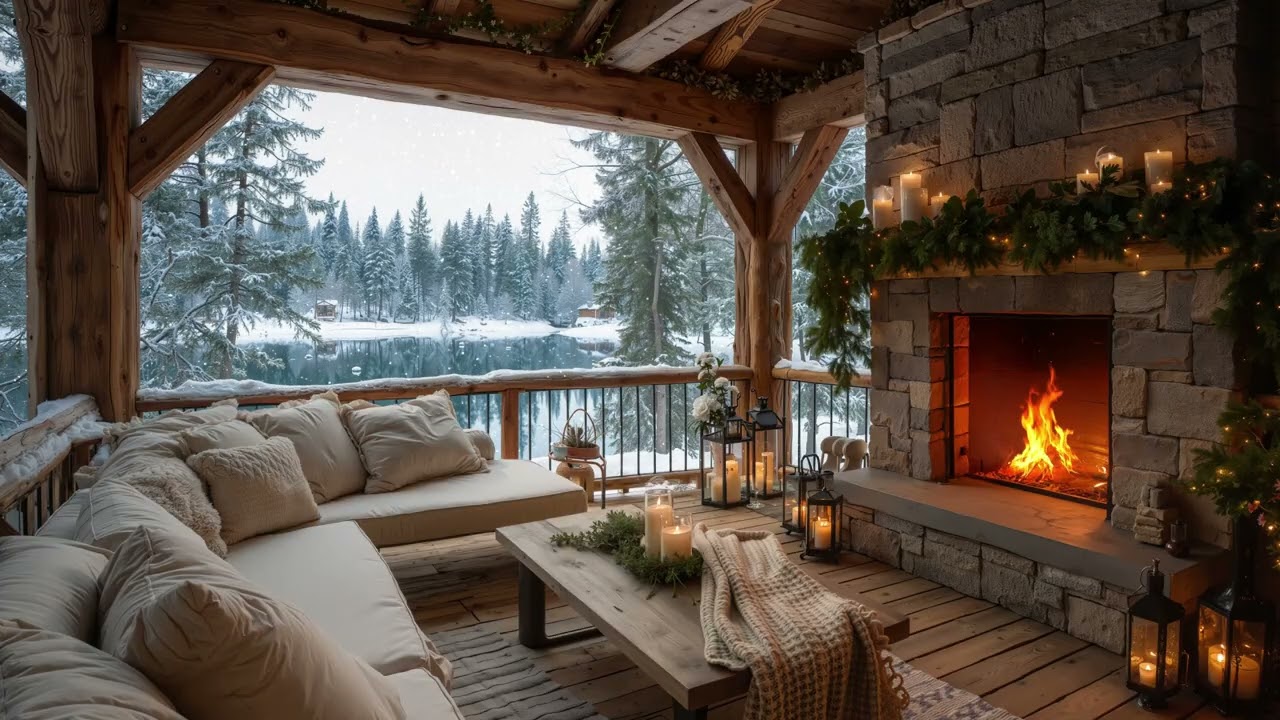 Warm Winter Cabin Ambience ❄️ Gentle Piano, Fireplace & Snowfall for Relaxing