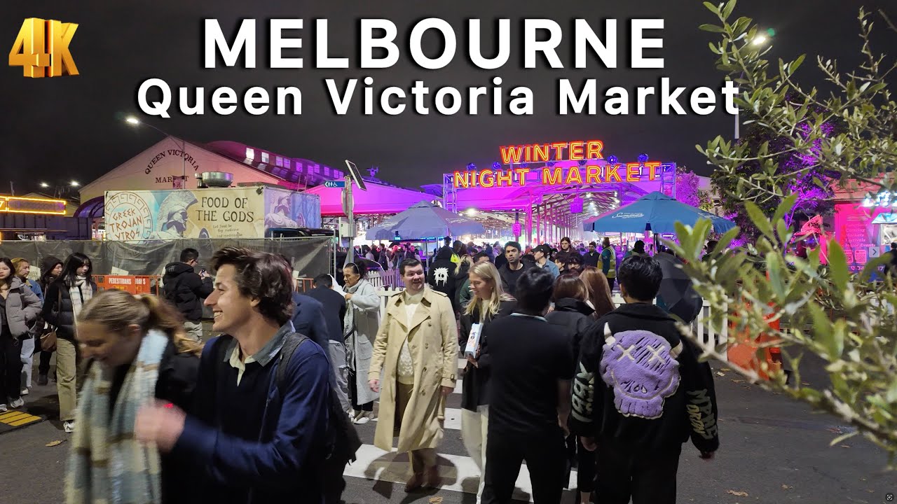 Walk through Queen Victoria Market at Night Melbourne Australia 4K Video