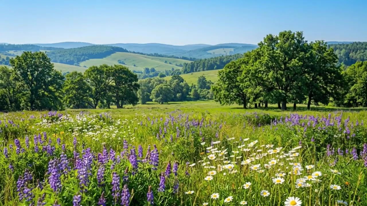 Morning Birdsong: Rolling Green Hills & Wildflower Meadow | Calming Nature Sounds for Focus 🌿