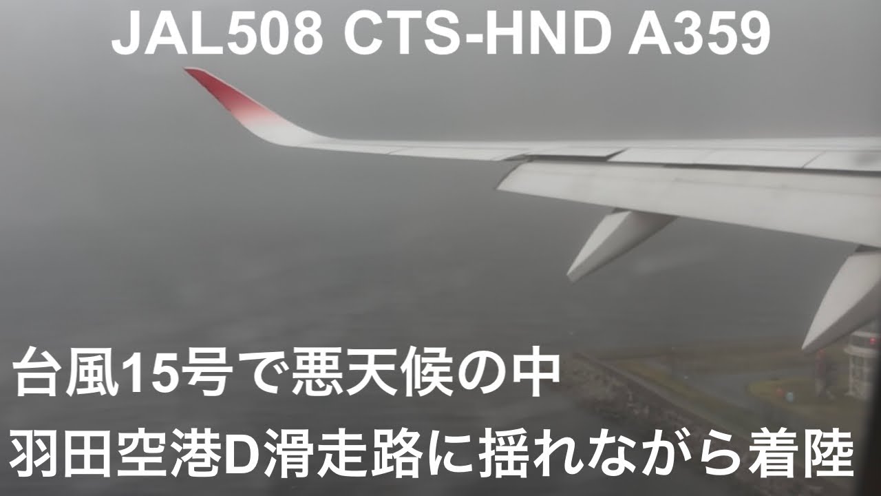 台風15号で荒れる天気の中、着陸するJALのA359 (JAL508,CTS-HND,A350-900,JA01XJ)