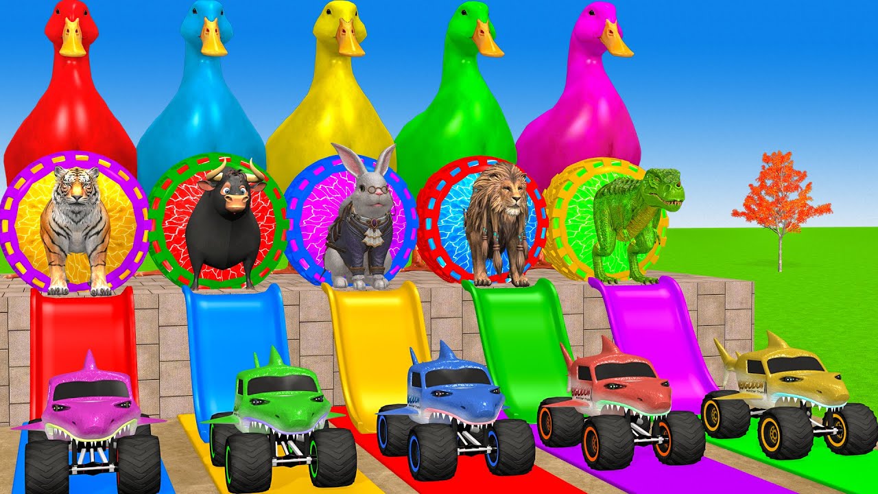 Long Slide Game With Cow Elephant Gorilla Hippopotamus Tiger - 3d Animal Game - Funny 3d Animals