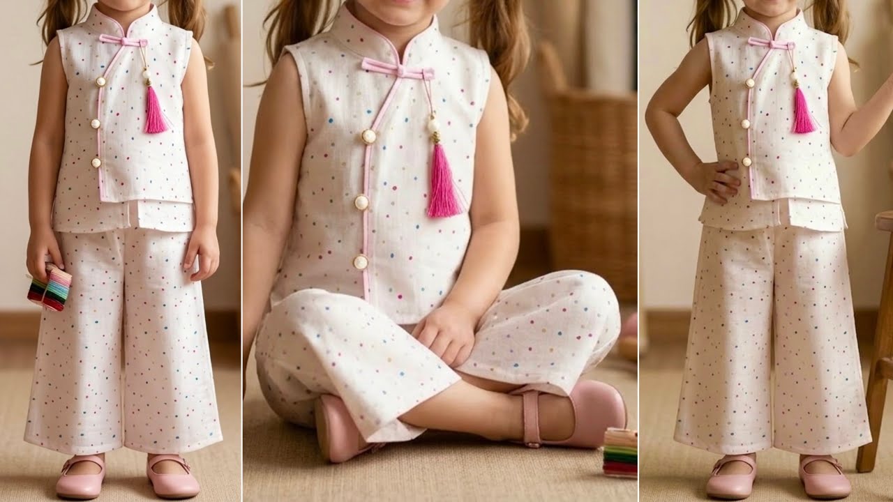 Cute Baby Girl Outfit | Easy Cutting & Stitching Tutorial | Easy Mandarin Collar Top + Wide Pant