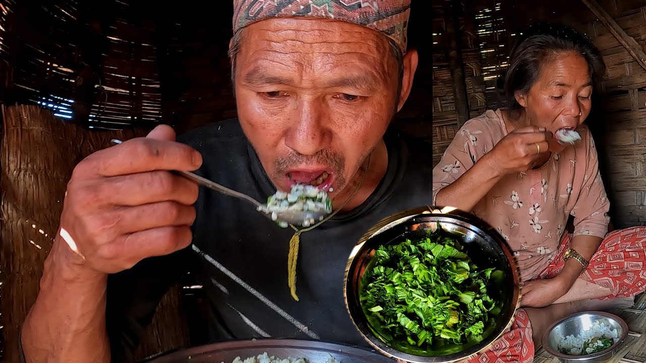 jungle family cooking || Mustard greens curry in jungle man lunch ||
